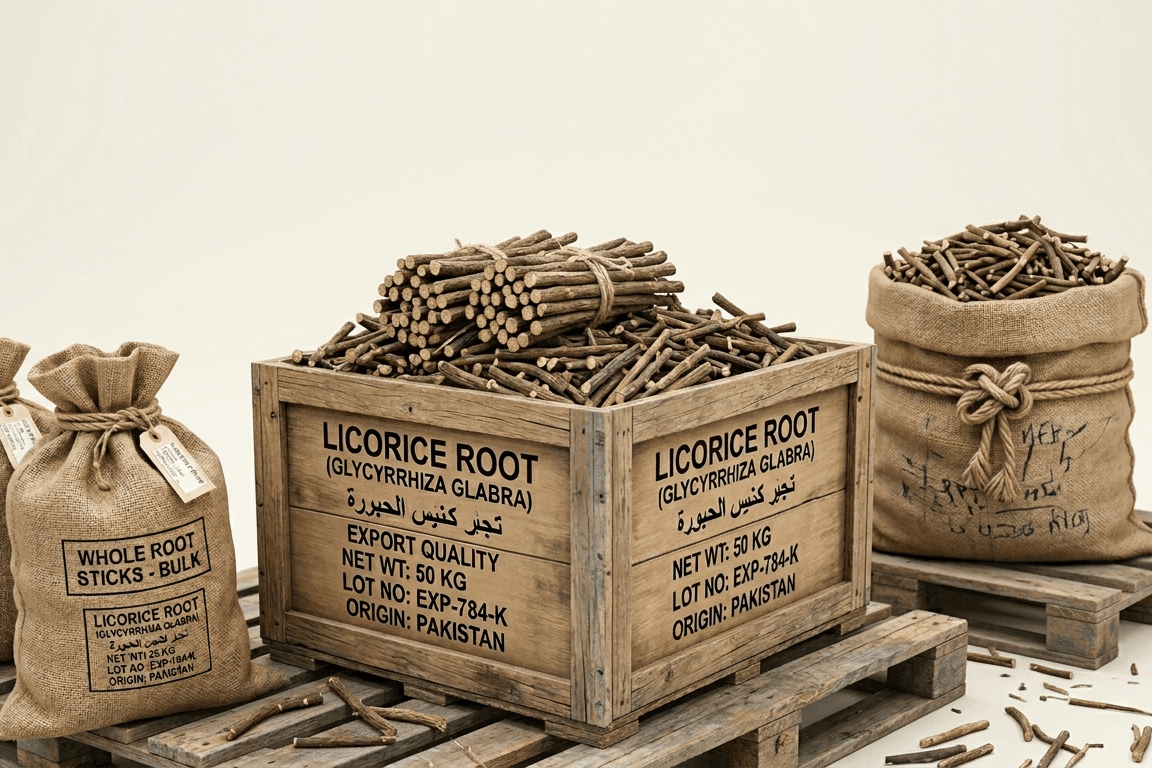 Bulk licorice root packing and export support from Pakistan